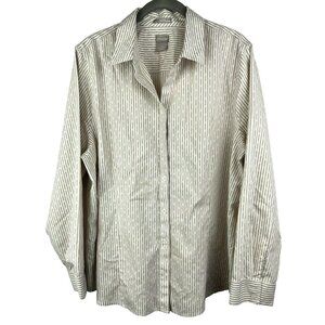 Chicos Women's Shirt 3 US XL Tan White No Iron CoolMax All Season Stripe Dot